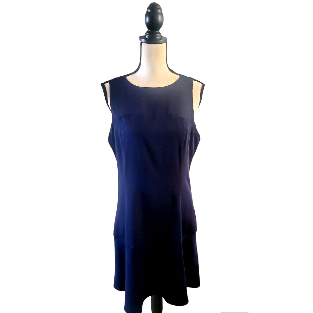 The Coverii Navy Blue Sheer Yoke Sleeveless Flared Knee Length Dress Sz L